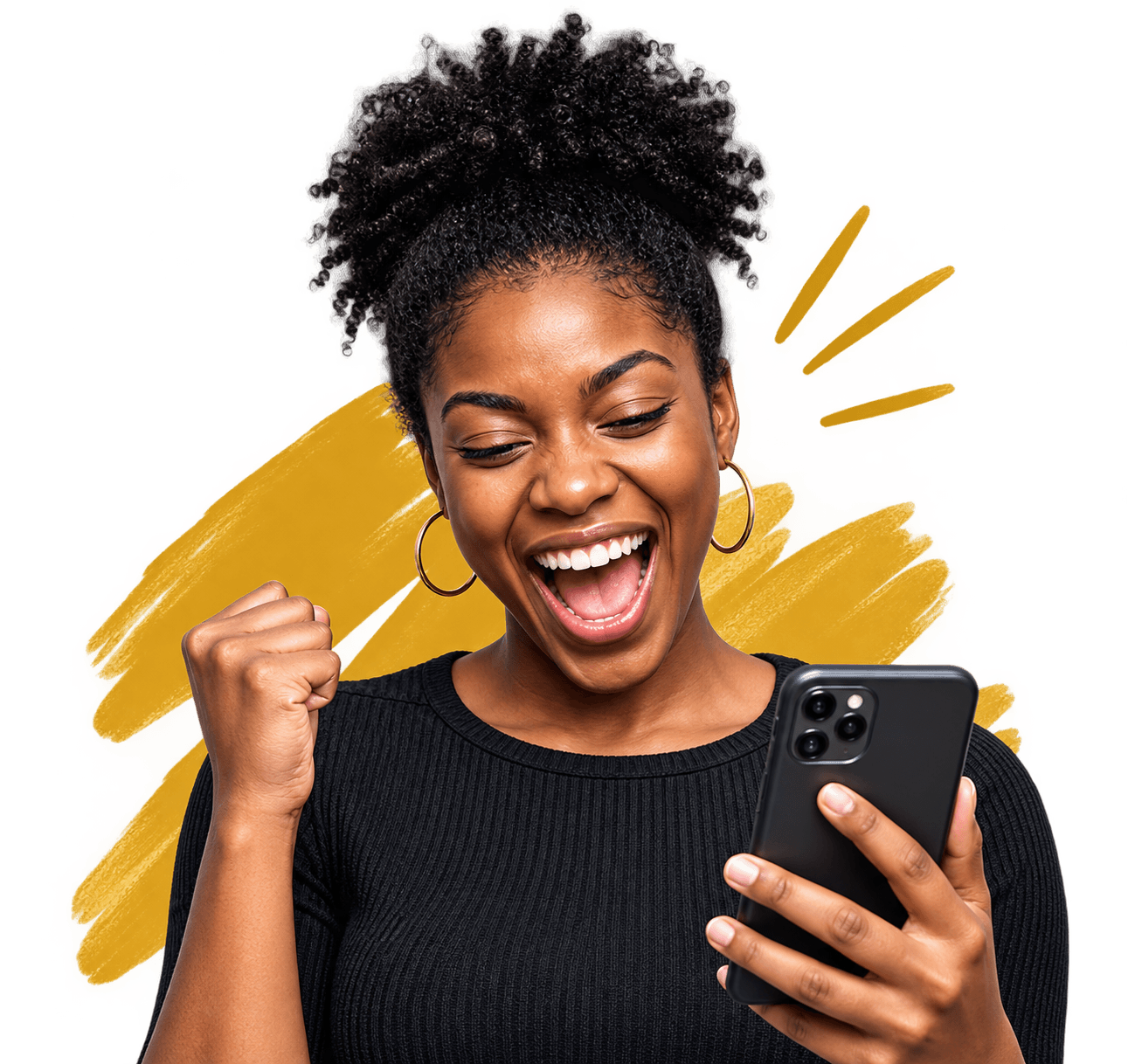 A woman cheering while looking at her phone